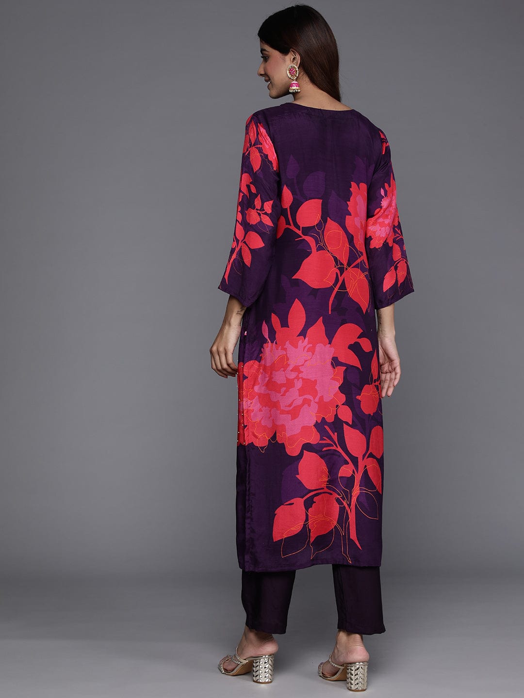 Varanga Floral Printed Sequinned Pure Silk Kurta with Trousers