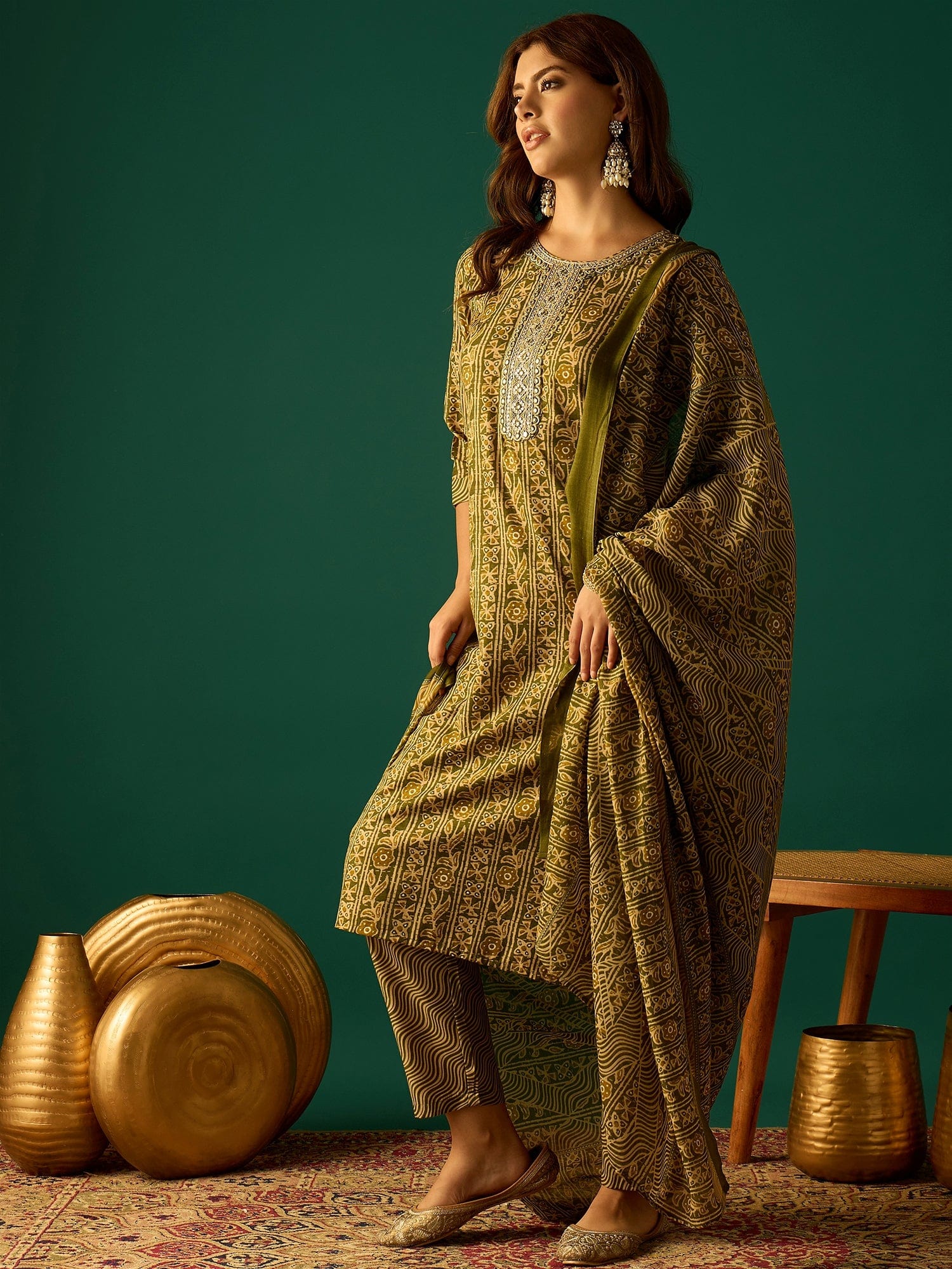 Kurta Set With Zari Yoke Embroidery, Printed Trousers, And Floral Dupatta