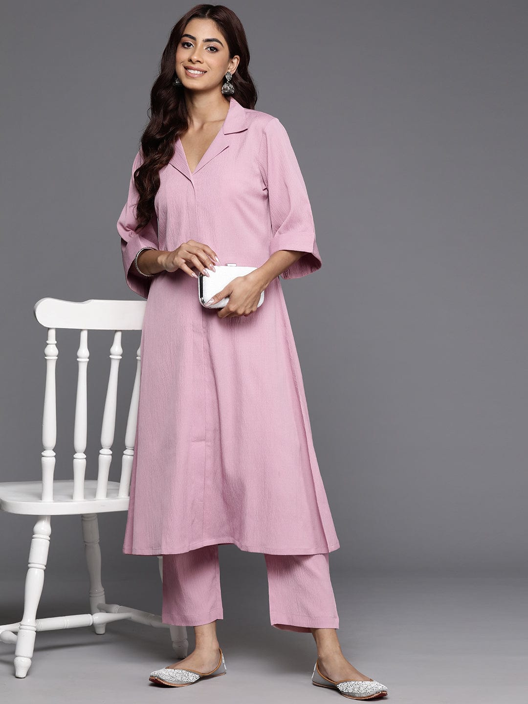 Varanga Women Pink Shirt Collar Neck A-Line Kurta Paired With Tonal Bottom