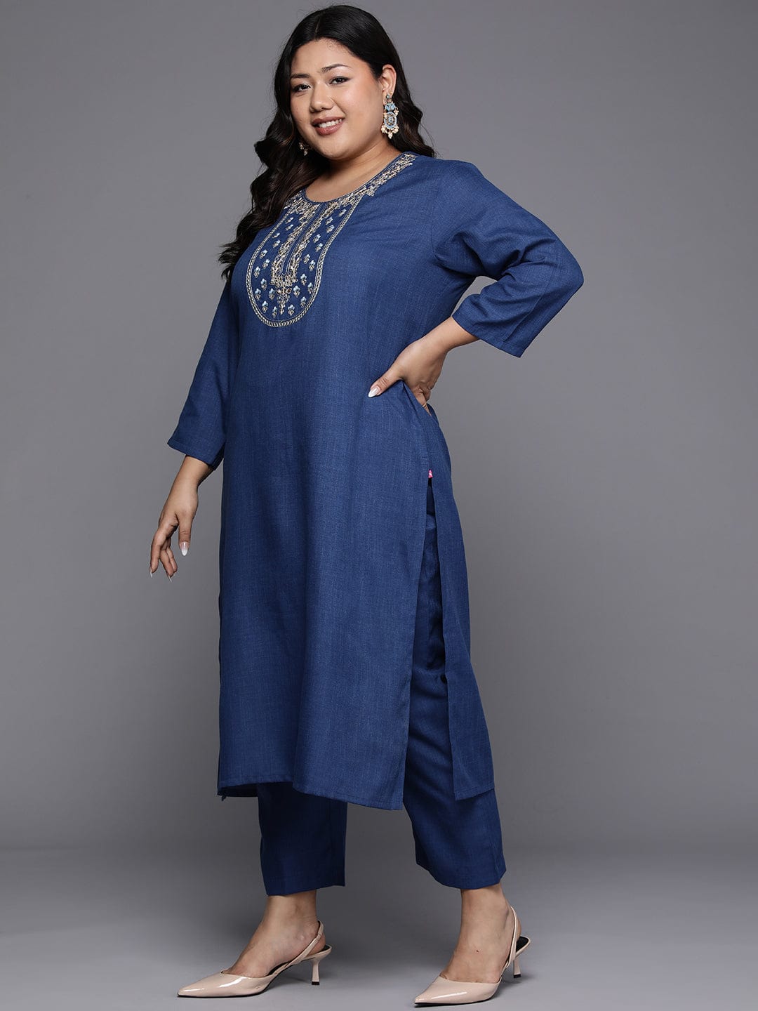Varanga Women Plus Size Embroidered Yoke Straight Kurta Paired With Tonal Bottom And Printed Bhagalpuri Dupatta