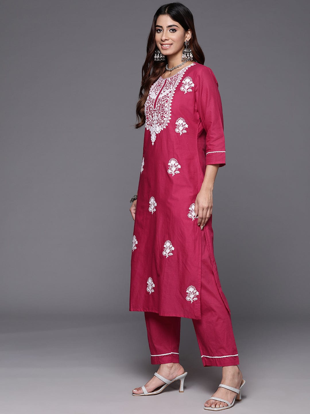 Varanga Floral Embroidered Thread Work Pure Cotton Kurta with Trousers & Dupatta