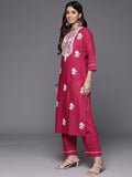 Varanga Floral Embroidered Thread Work Pure Cotton Kurta with Trousers & Dupatta