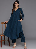 Varanga Women Teal Empire Gathered Details A-Line Kurta Paired With Tonal Bottom