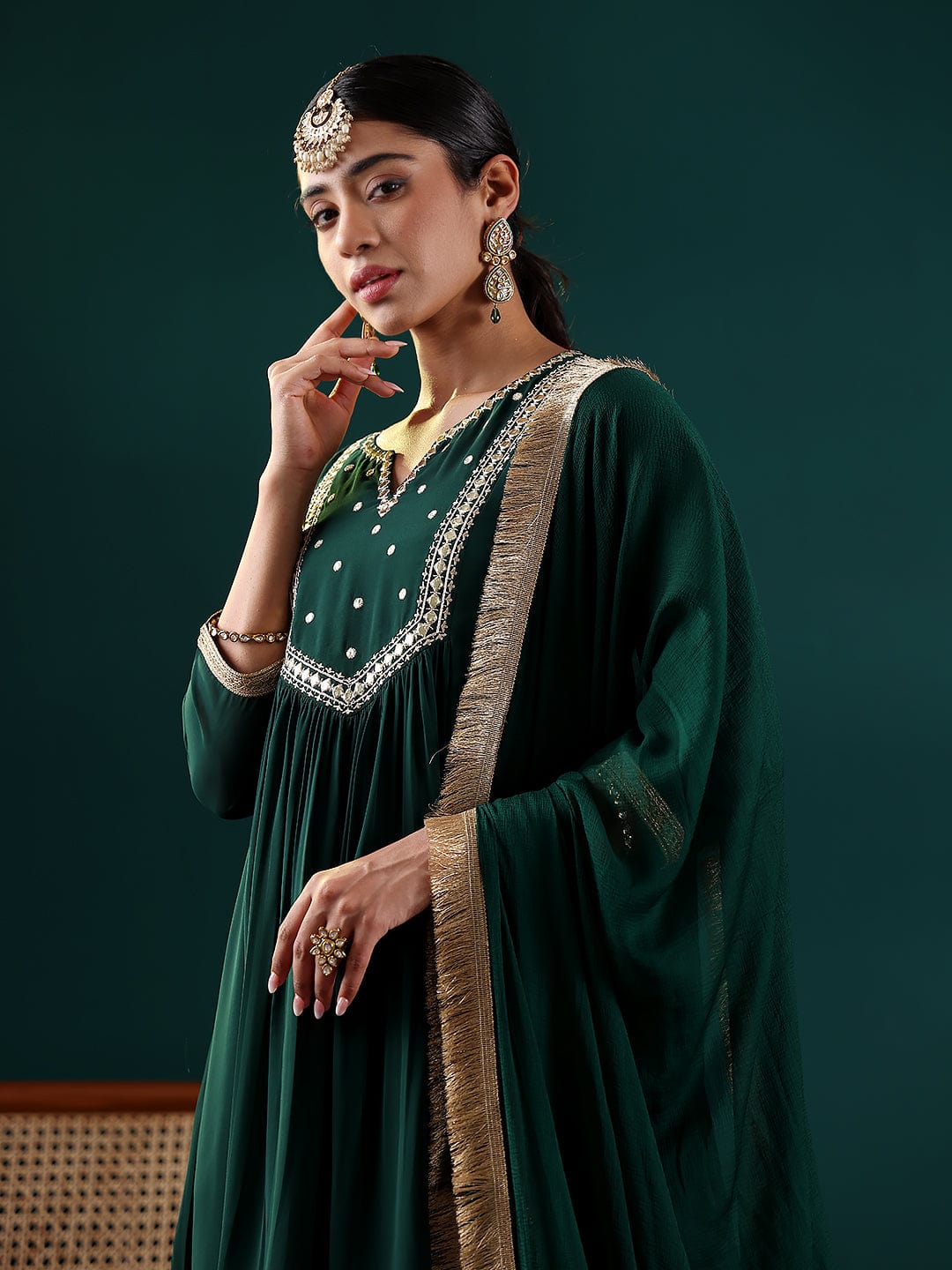 Varanga Women Green Mirror Embroidered Yoke A-Line  Kurta Paired With Bottom And Dupatta