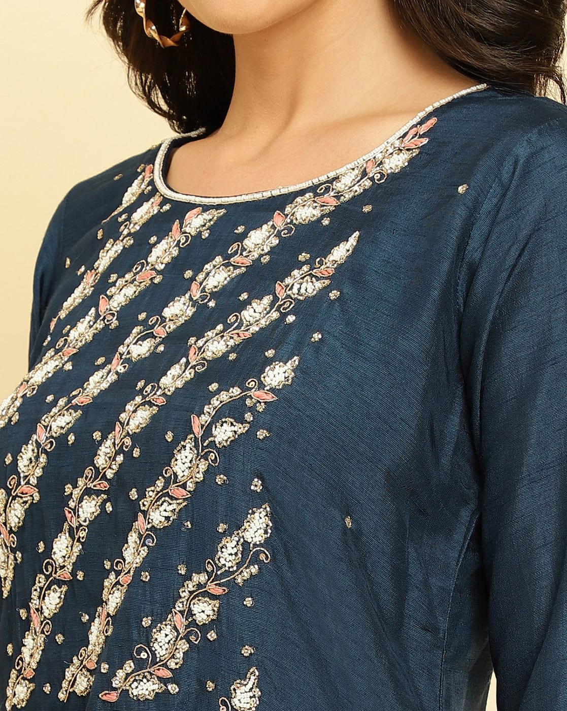 varanga women blue embroidered straight kurta paired with tonal bottom and dupatta