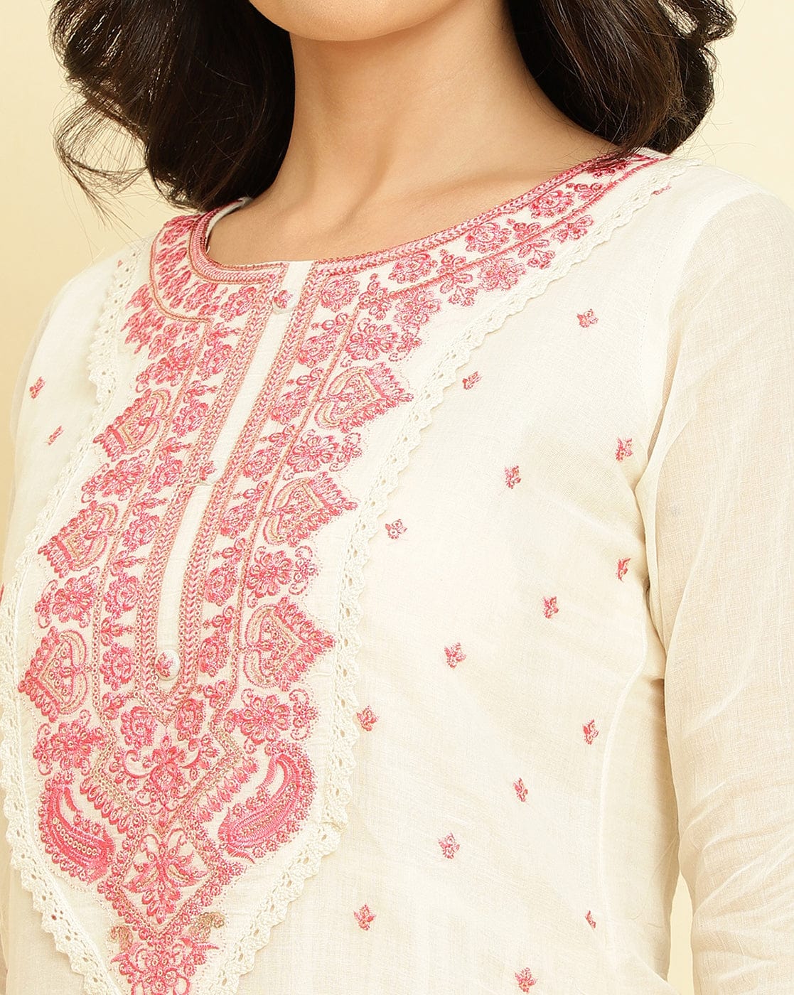 Varanga Women cream & pink embroidered kurta attached with skirt