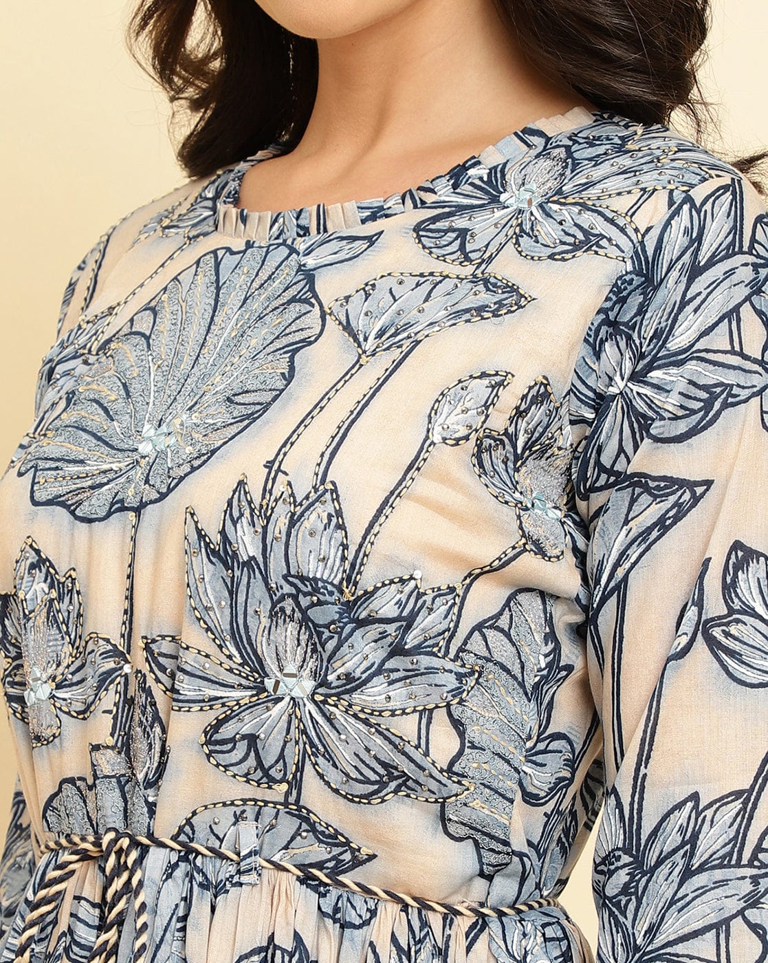 varanga women blue floral printed anarkali kurta