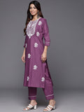Varanga Women Purple Thread Embroidered Kurta With Tonal Bottom And Dupatta