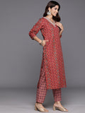 Varanga Women Red Printed  V-Neck Embroidered Kurta With Bottom And Dupatta