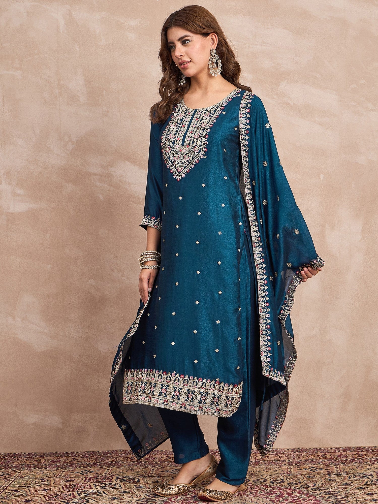 Kurta With Intricate Zari-Embroidered Yoke Is Paired With Ankle-Length Solid Trousers And A Matching Zari-Accented Dupatta