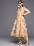 varanga women yellow floral printed round neck anarkali kurta with bottom and dupatta