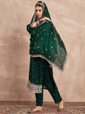 Elegant In Deep Green, This Straight-Fit Kurta With Intricate Zari-Embroidered Yoke Is Paired With Ankle-Length Solid Trousers And A Matching Zari-Accented Dupatta
