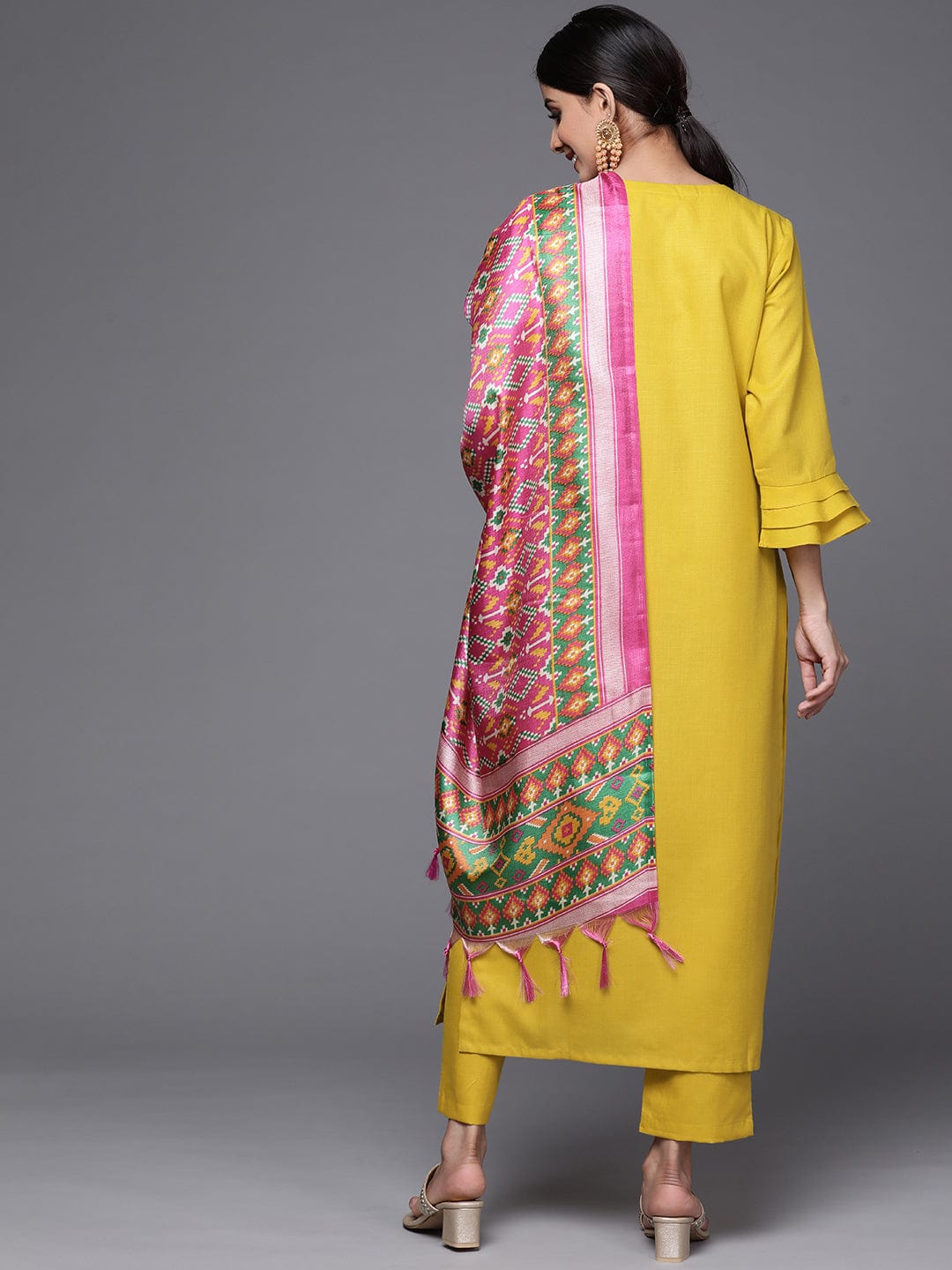 Varanga Women Yellow Yoke Design Kurta With Trousers And Dupatta Set