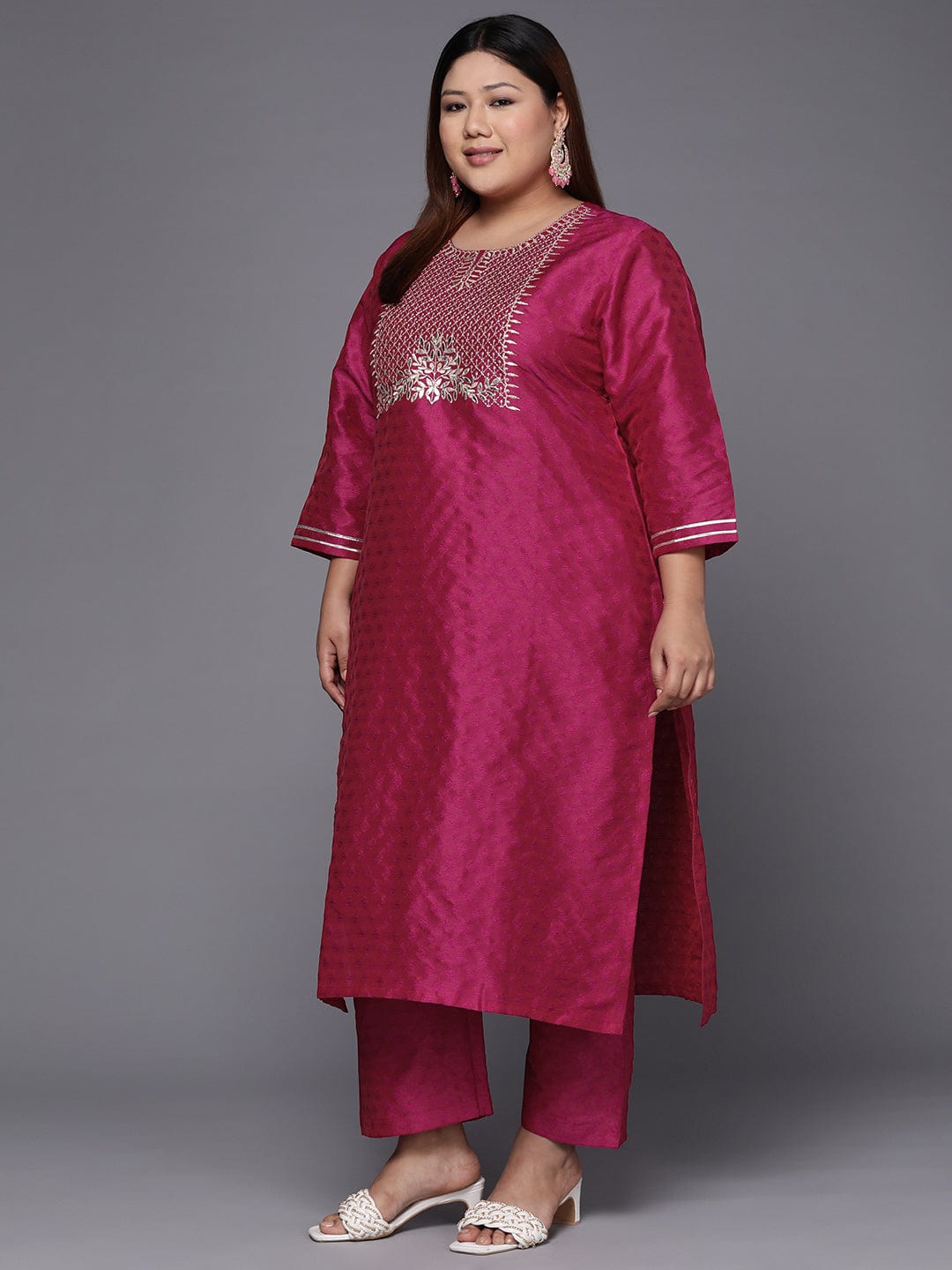 Varanga Women Plus Size Magenta Floral Embroidered Kurta with Trousers & Dupatta