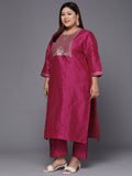 Varanga Women Plus Size Magenta Floral Embroidered Kurta with Trousers & Dupatta