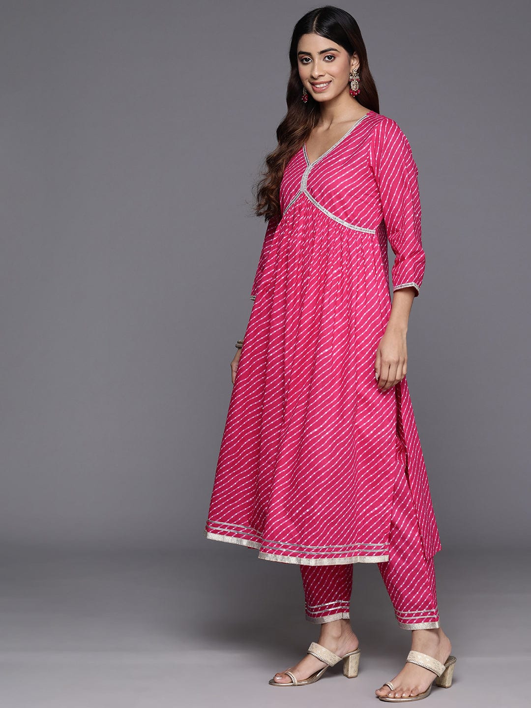Varanga Women Fuchsia Leheriya Print V-Neck With Lace Detail A Line Kurta  With Bottom And Dupatta.