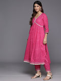 Varanga Women Fuchsia Leheriya Print V-Neck With Lace Detail A Line Kurta  With Bottom And Dupatta.