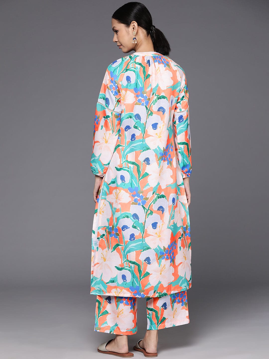 Varanga Women Orange Floral Printed Straight Kurta Paired With Printed Bottom