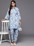 Varanga Women Blue Floral Printed High- Low Kurta With Bottom