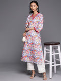 Varanga blue floral printed V-neck with sequins lace straight kurta