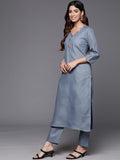 Varanga Women Grey Straight Kurta With Tonal Bottom & Printed Bhaghalpuri Dupatta