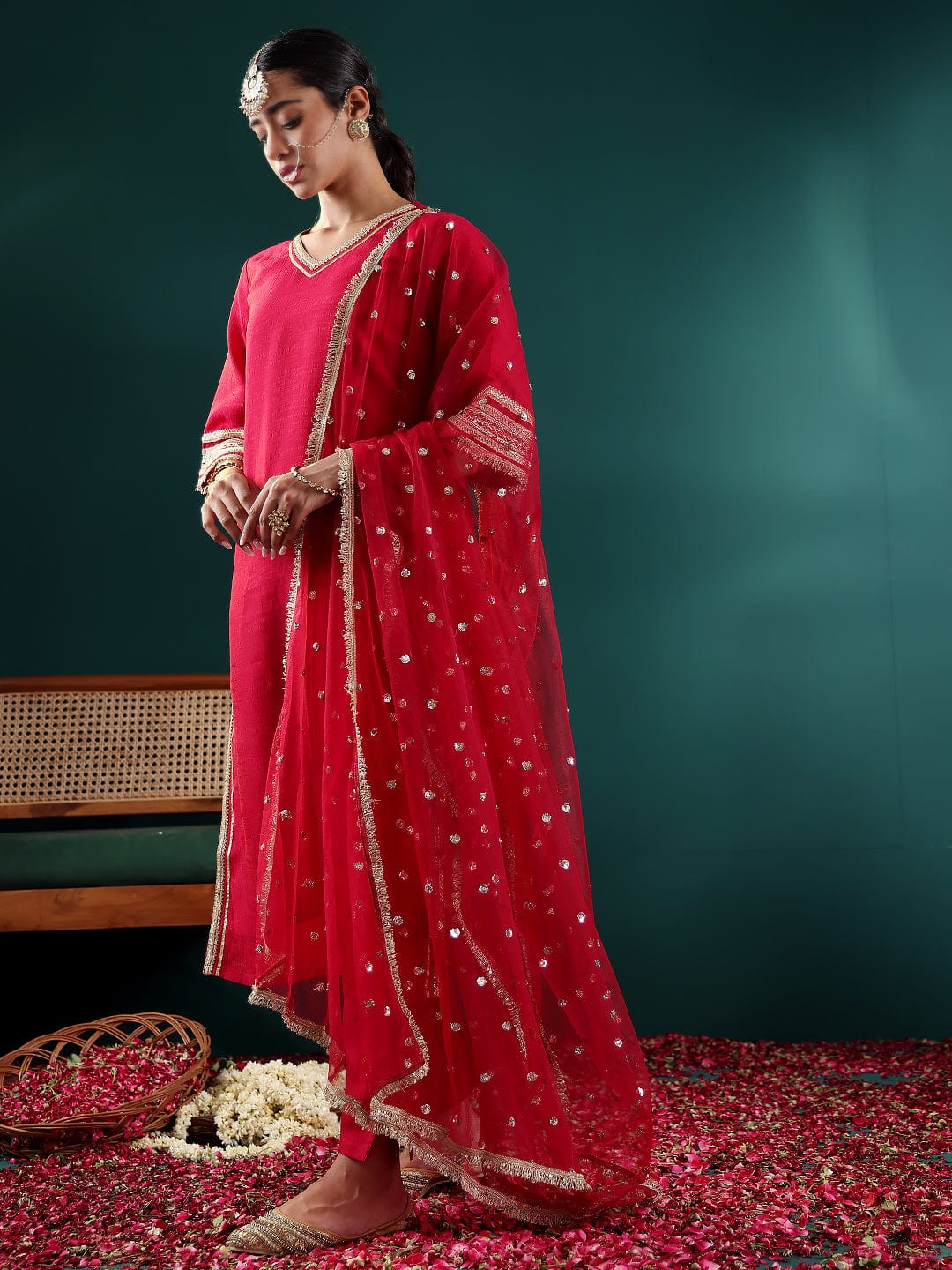 Varanga Women Maroon V Neck Lace Embellished Kurta With Bottom And Dupatta