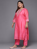 Varanga Women Plus Size Floral Yoke Design Sequinned Chanderi Silk Kurta with Trousers & Dupatta