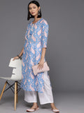 Varanga Women Blue Abstract Printed Round Neck With Drawstring Details Straight Kurta