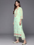 Varanga Women Sea Green Thread Embroidered Kurta With Bottom And Dupatta