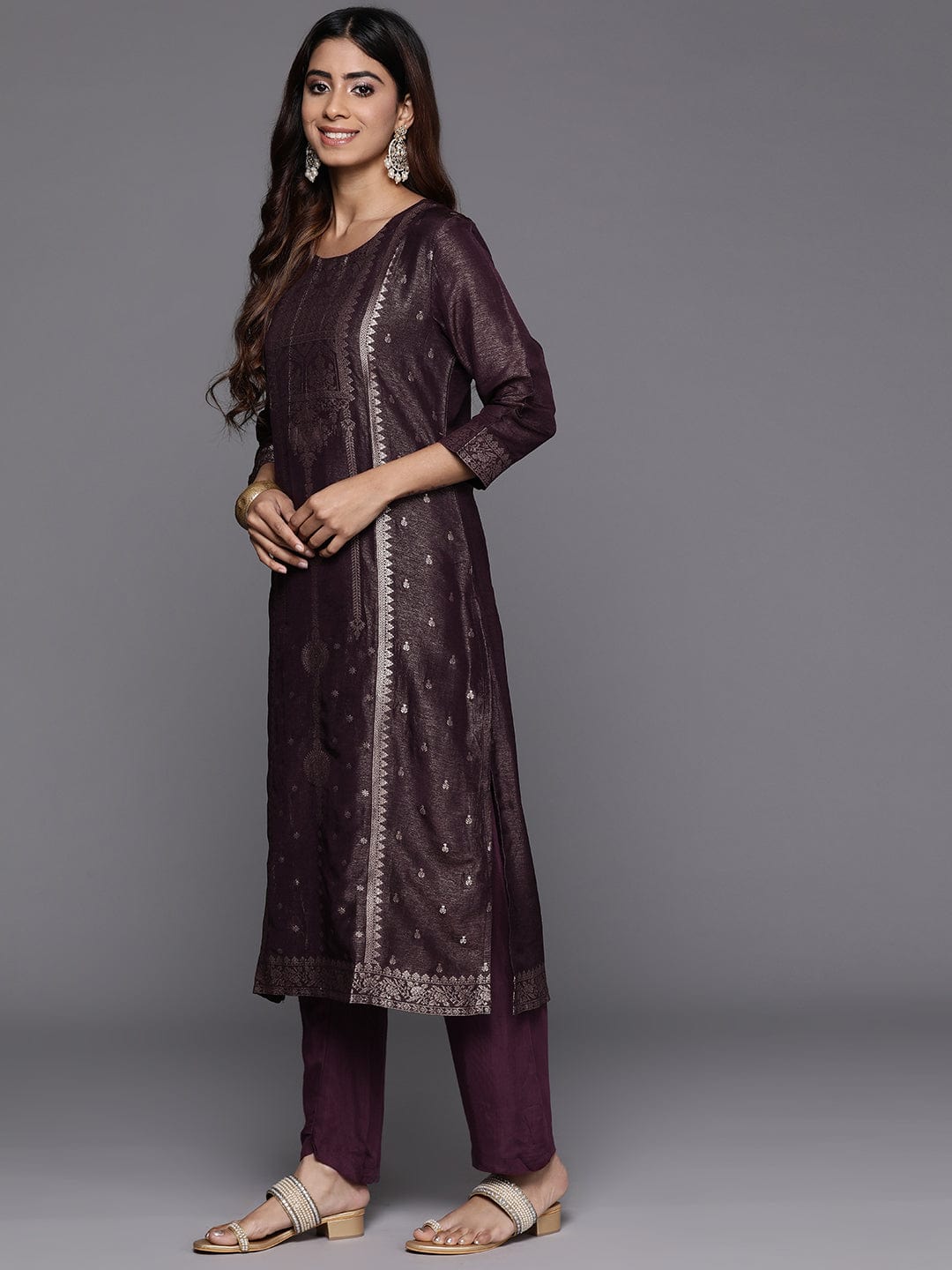 Varanga Women Purple Jacquard Weave Kurta With Bottom And Dupatta