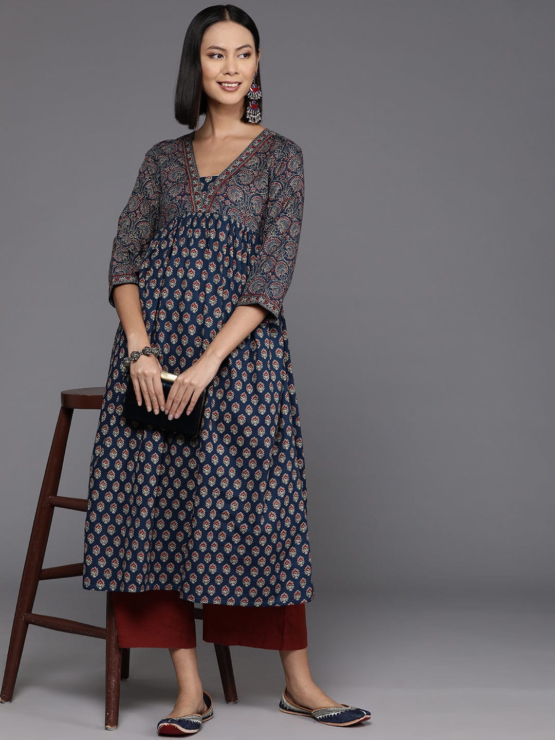 Varanga Women Blue And Maroon Bandez Printed Anarkali Kurta