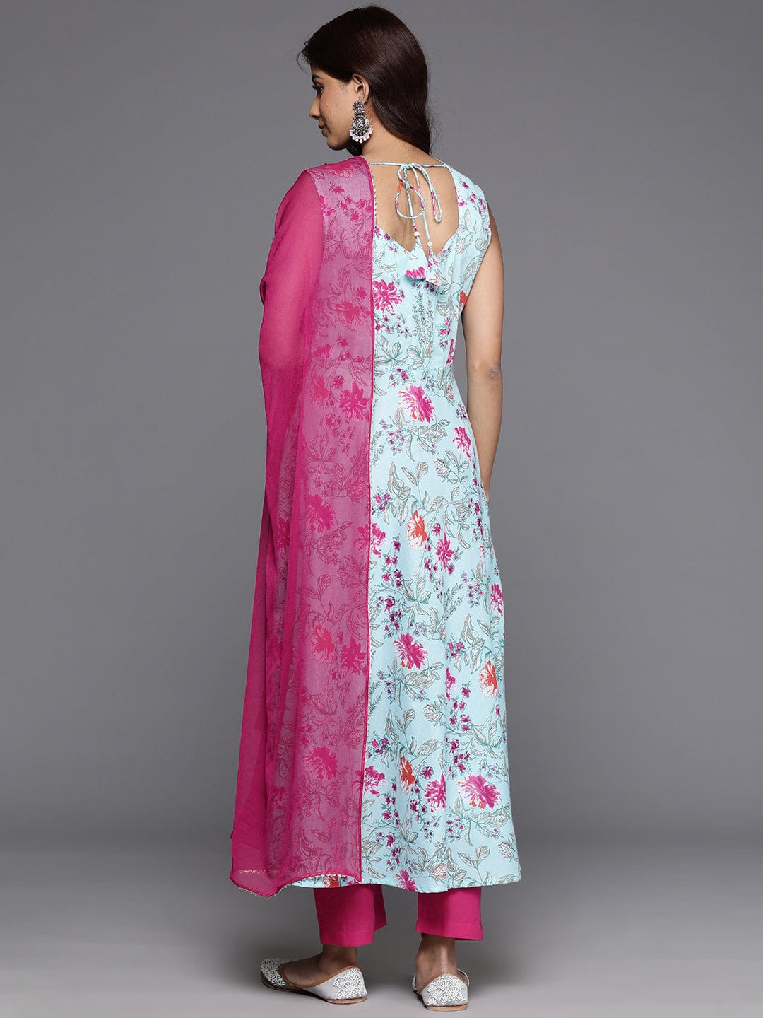 Varanga Women Blue Floral Printed Anarkali Kurta With Tonal Bottom And Dupatta