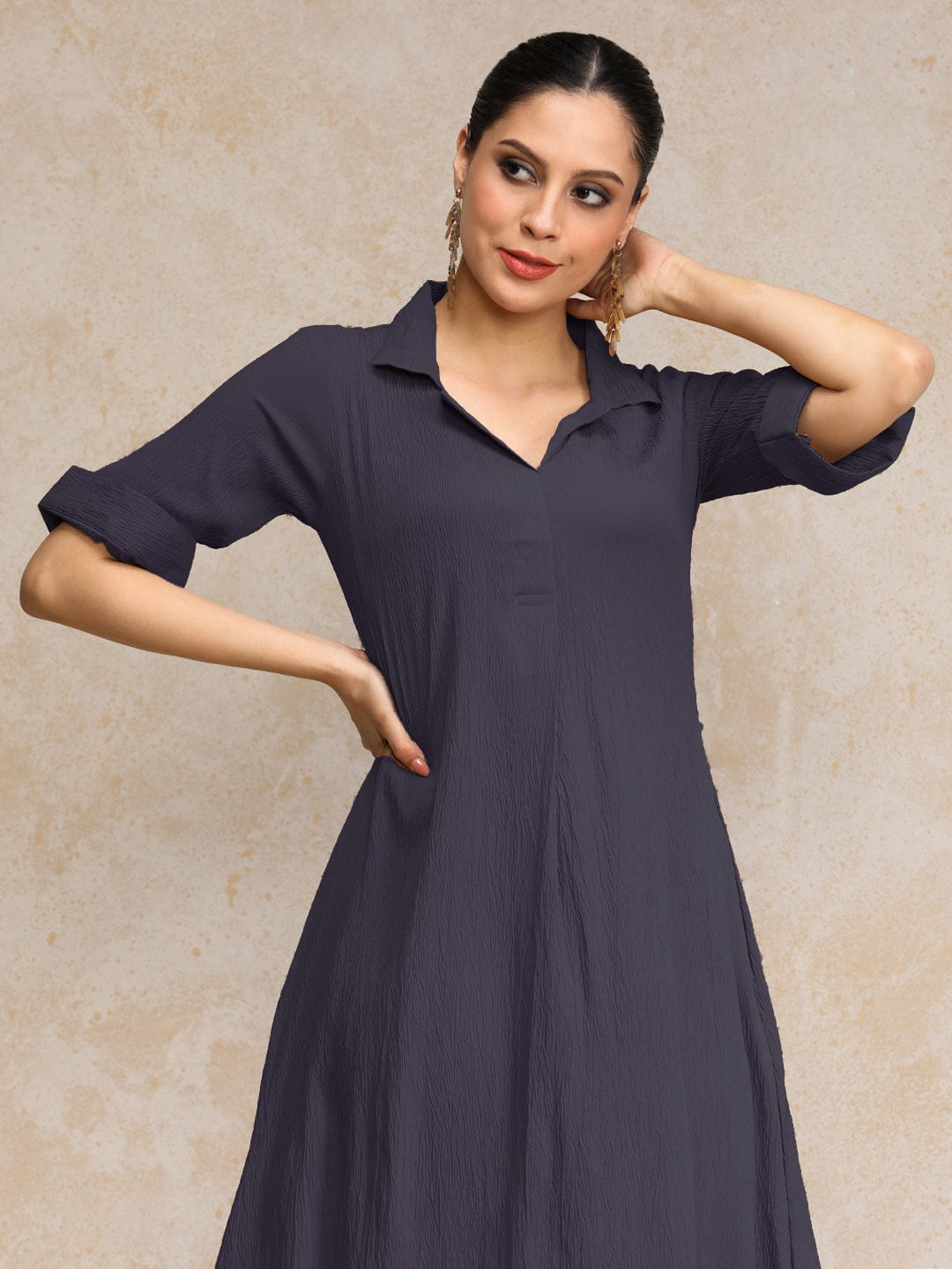 Varanga Women  Beige Shirt Collar A Line Dress