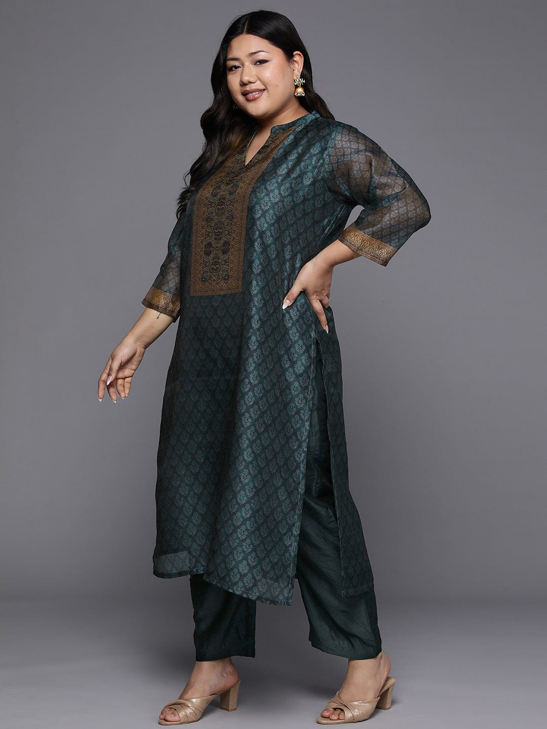 Varanga Plus Size Ethnic Motifs Printed Chanderi Silk Kurta With Trousers Dupatta