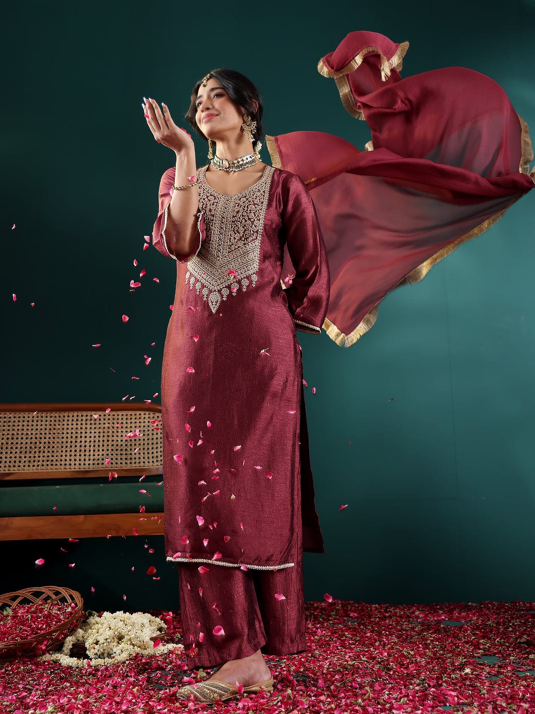Varanga Women Burgundy Zari Embroidered Kurta With Bottom And Dupatta