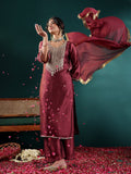 Varanga Women Burgundy Zari Embroidered Kurta With Bottom And Dupatta