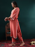 Varanga Women Peach Zari Embroidered Sequins Embellished Straight Kurta With Bottom And Dupatta