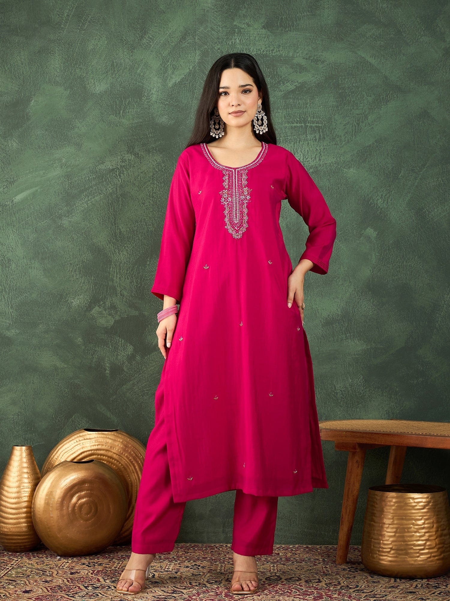 Fuchsia kurta set featuring a bead-embellished yoke, solid ankle-length trousers, and a brocade dupatta