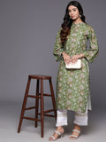 Varanga Women Olive Floral Printed  Mandarin Collar Straight Kurta