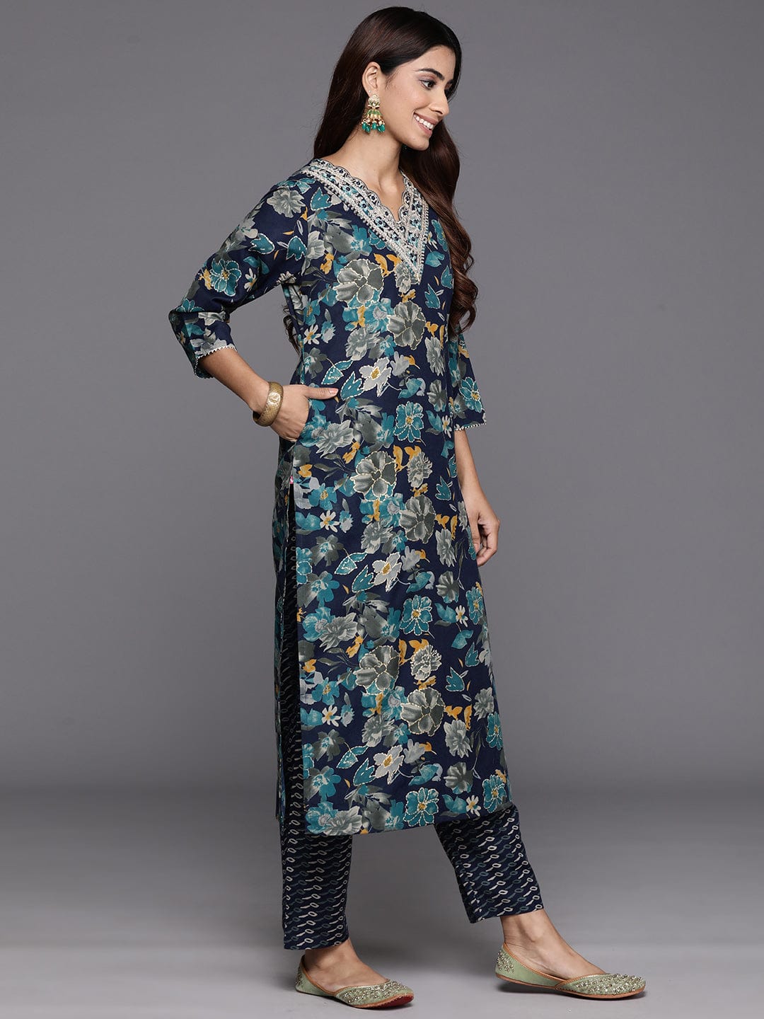 Varanga Women Blue Floral Print And Embroidered Kurta With Bottom And Dupatta