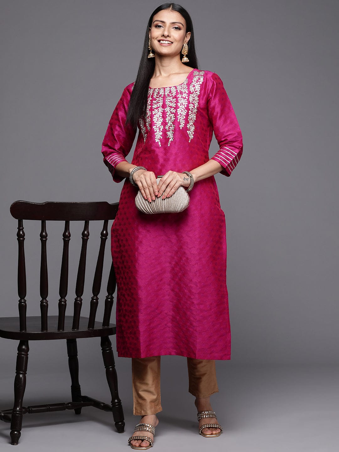 Varanga Pink Embroidered Straight Kurta With Three-Quarter Sleeves Paired With Tonal Bottom And Dupatta