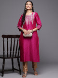 Varanga Pink Embroidered Straight Kurta With Three-Quarter Sleeves Paired With Tonal Bottom And Dupatta