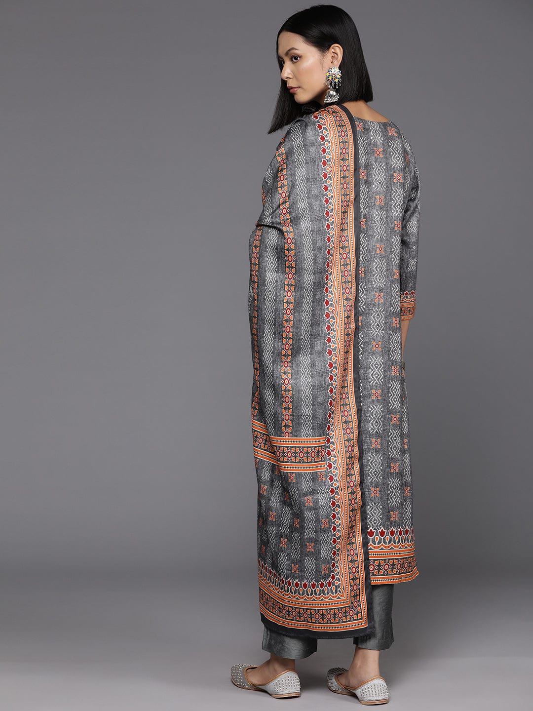 Varanga Women Grey Ethnic Motif Printed Straight Kurta With Tonal Bottom And Dupatta