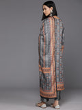 Varanga Women Grey Ethnic Motif Printed Straight Kurta With Tonal Bottom And Dupatta