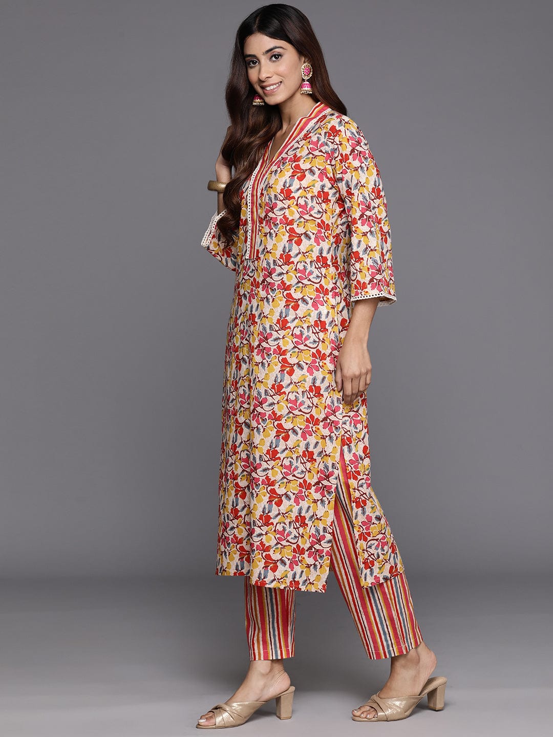 Varanga Floral Embroidered Thread Work Pure Cotton Kurta with Trousers & Dupatta