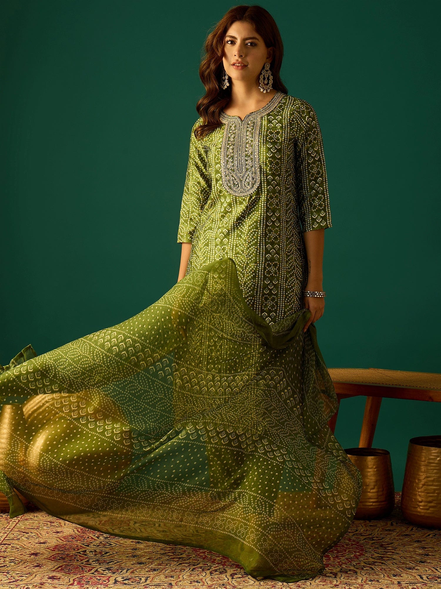 Kurta With Zari-Embroidered Yoke, Paired With Trousers And A Solid Lace-Detailed Dupatta