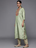 Varanga Women Green Leheriya Embroidered Mirror Work Kurta With Trousers With Dupatta