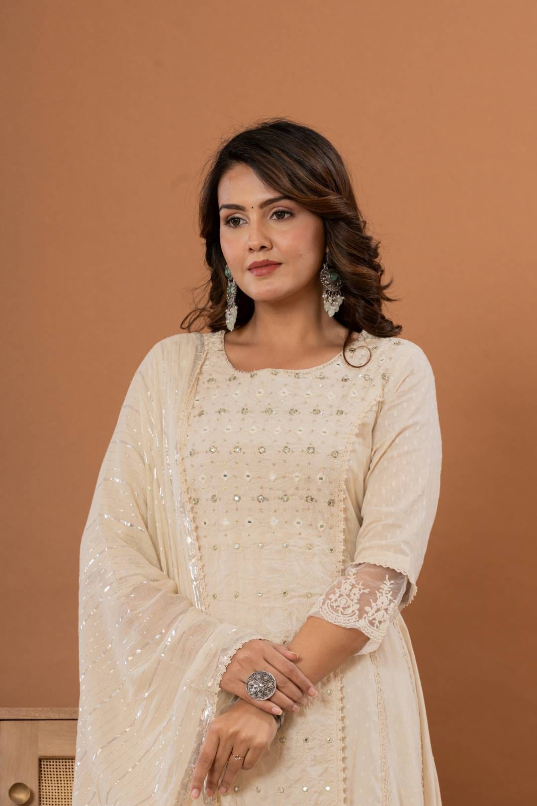 Varanga Women Floral Embroidered Panelled Mirror Work Pure Cotton Kurta with Trousers & Dupatta