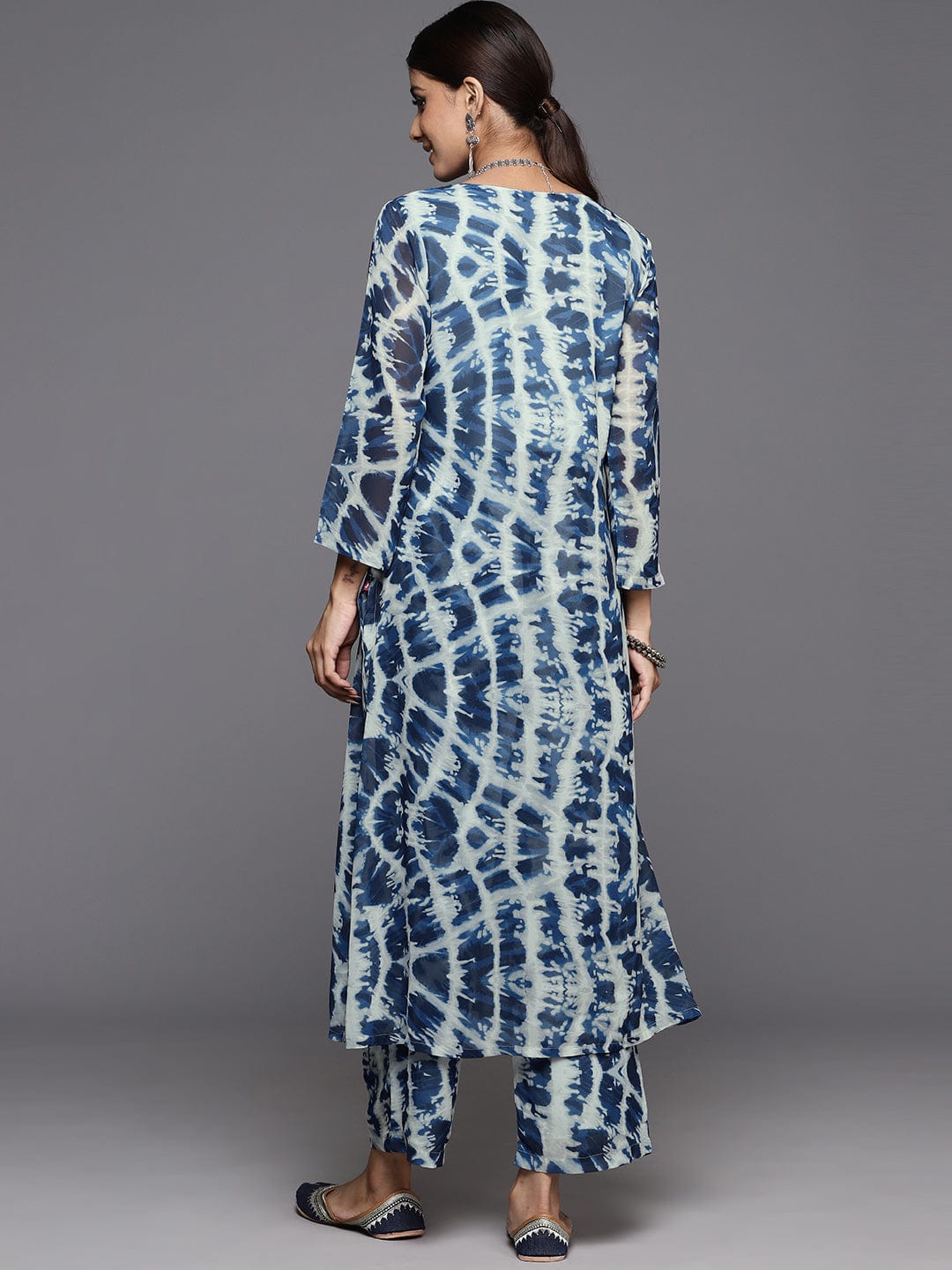 Varanga Women Blue Shibori Printed V-Neck A-Line  Kurta Paired With Tonal Printed Bottom