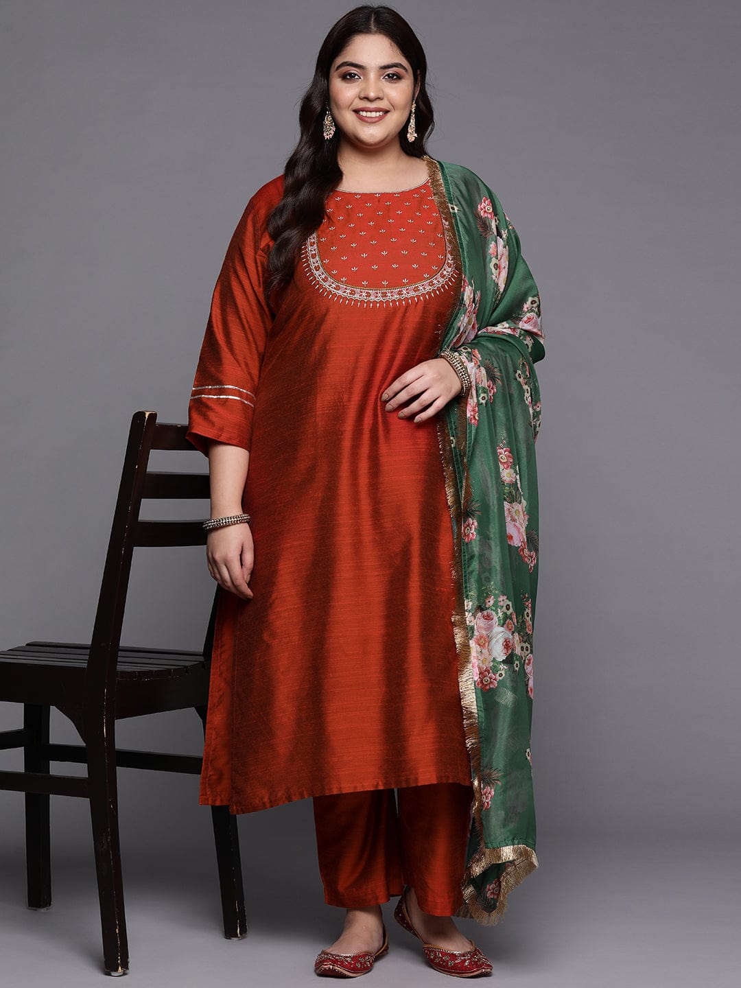 Varanga Women Maroon Yoke Design Kurta with Trousers & With Dupatta